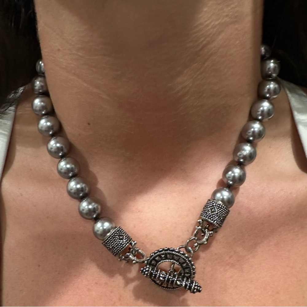 VINTAGE STERLING SILVER & MARCASITE TOGGLE CLASP WITH GRAY FAUX PEARLS